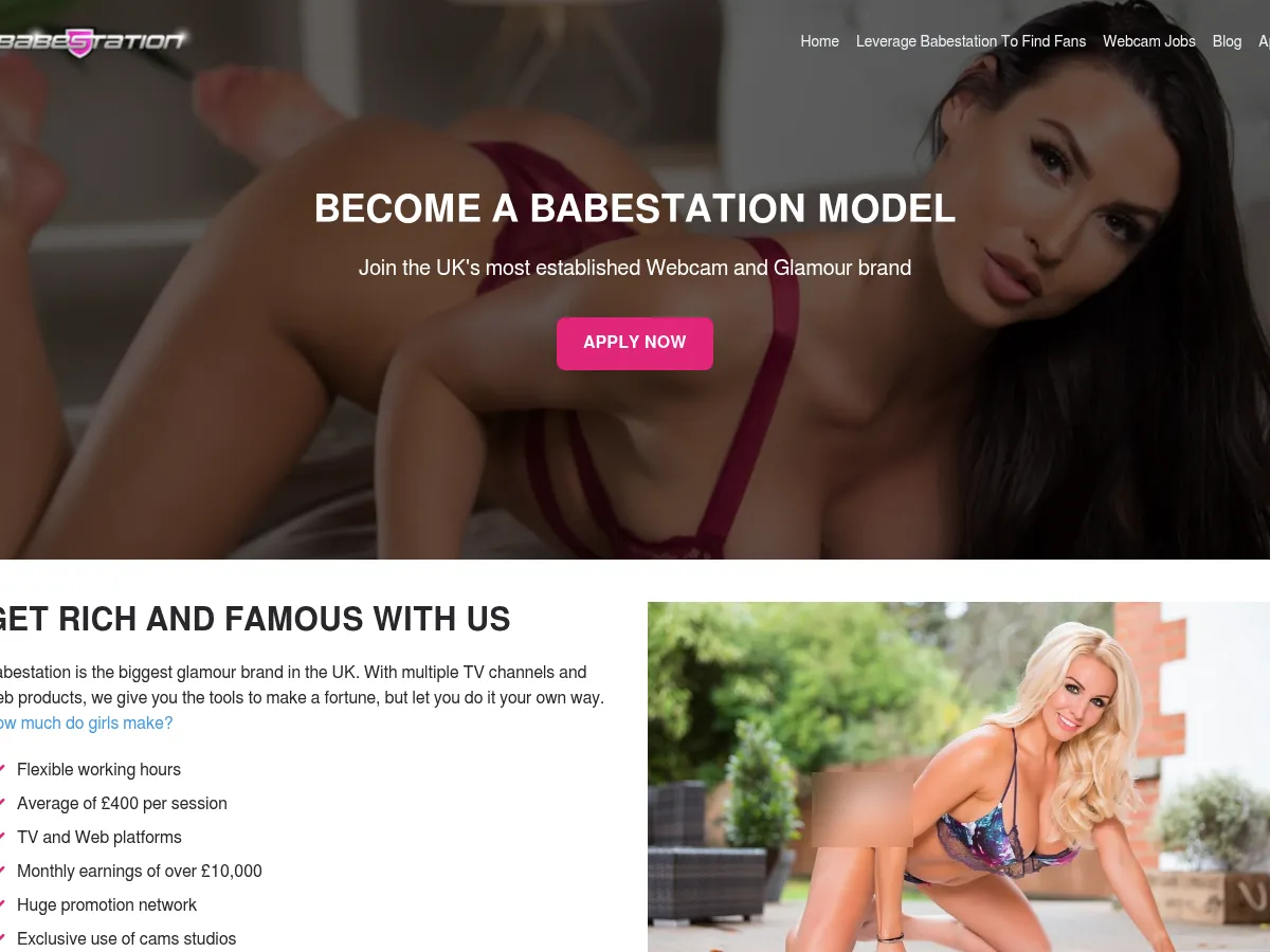 A heavily blurred, censored capture of the BabeStation homepage — only soft shapes are visible, no explicit or readable content