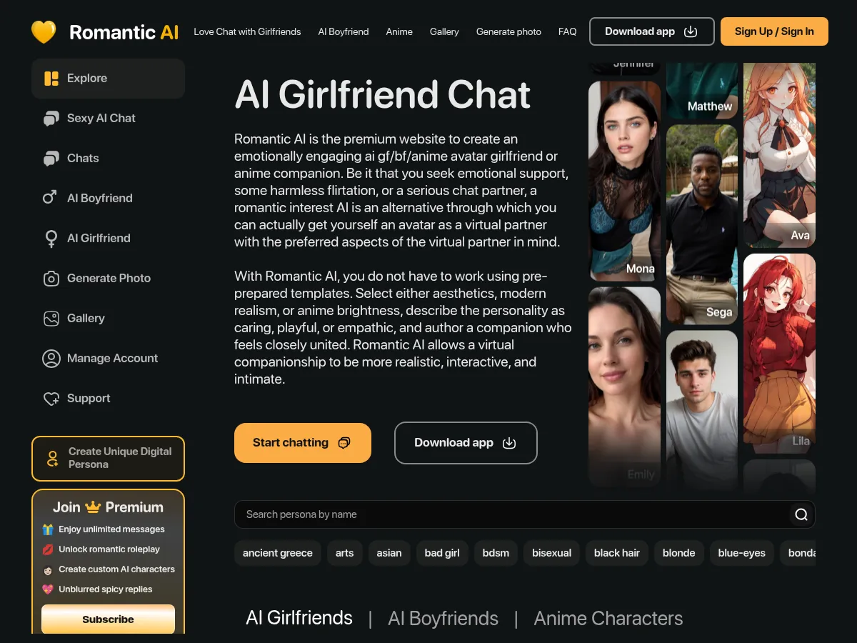 A heavily blurred, censored capture of the Romantic AI homepage — only soft shapes are visible, no explicit or readable content