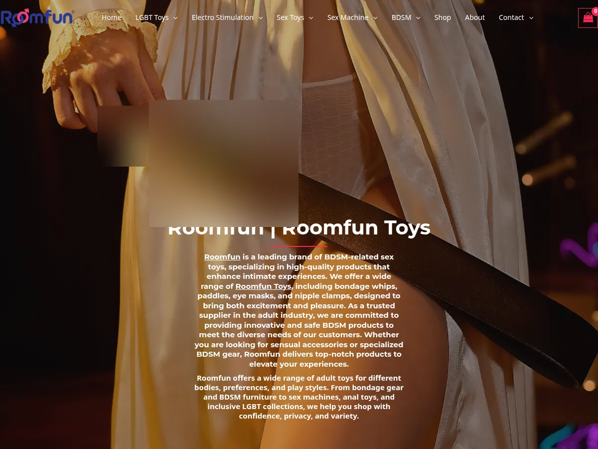 A heavily blurred, censored capture of the RoomFun homepage — only soft shapes are visible, no explicit or readable content