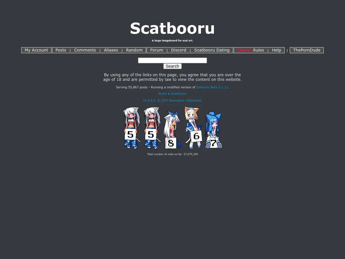 A heavily blurred, censored capture of the Scatbooru homepage — only soft shapes are visible, no explicit or readable content
