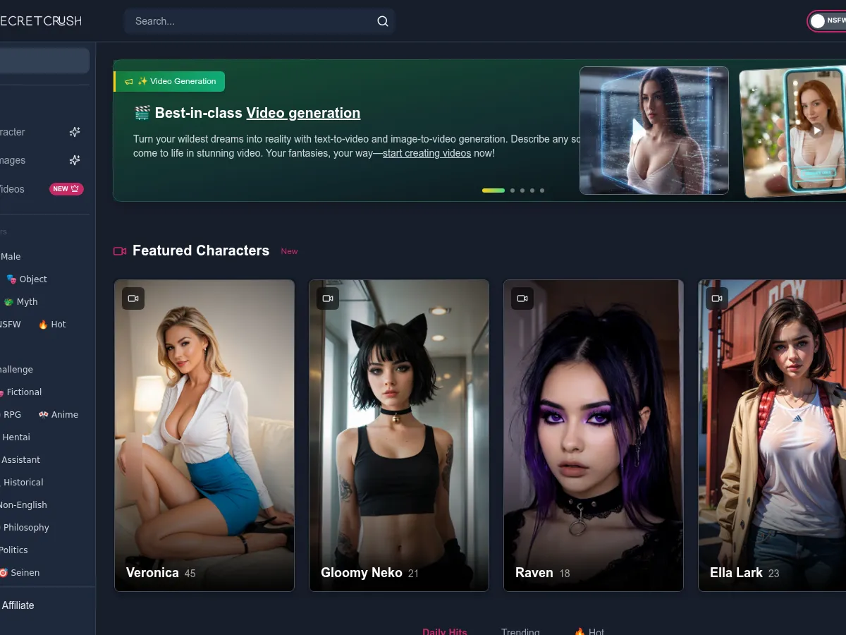 A heavily blurred, censored capture of the SecretCrush AI homepage — only soft shapes are visible, no explicit or readable content