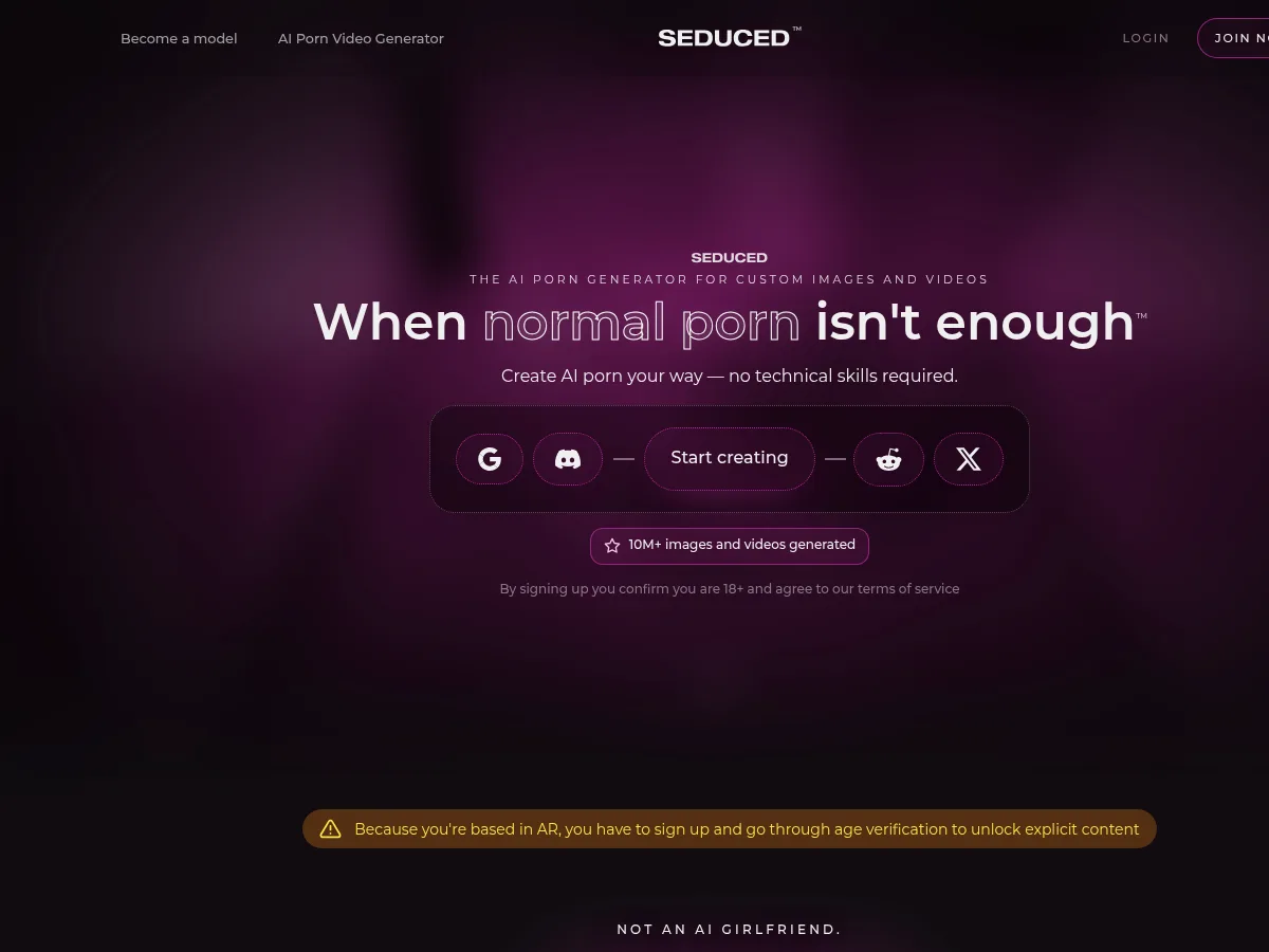 A heavily blurred, censored capture of the Seduced homepage — only soft shapes are visible, no explicit or readable content