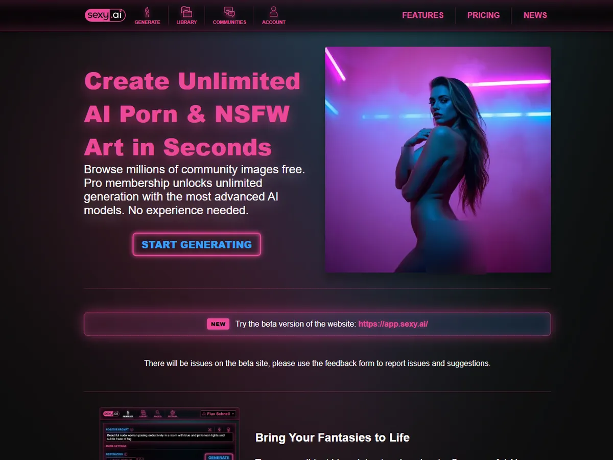 A heavily blurred, censored capture of the Sexy.ai homepage — only soft shapes are visible, no explicit or readable content
