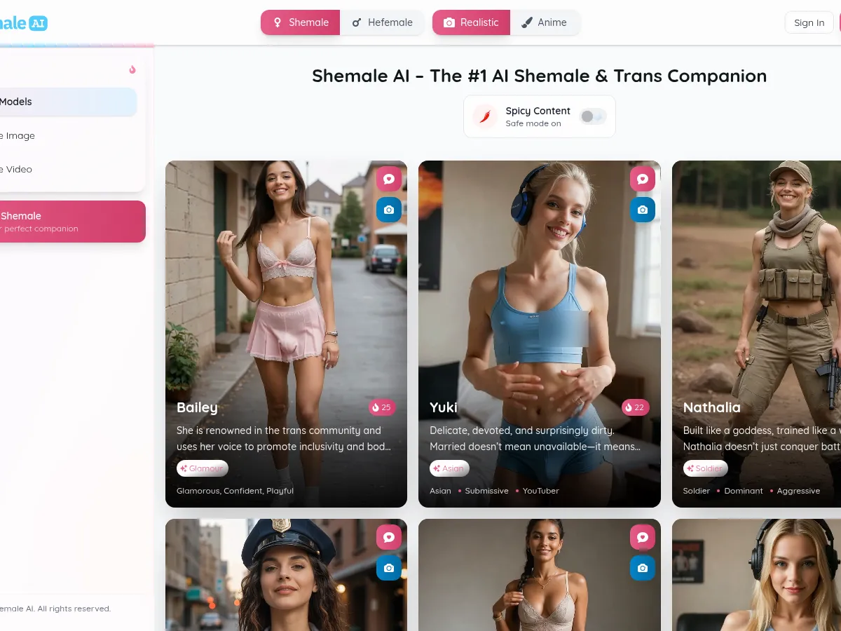 A heavily blurred, censored capture of the Shemale AI homepage — only soft shapes are visible, no explicit or readable content