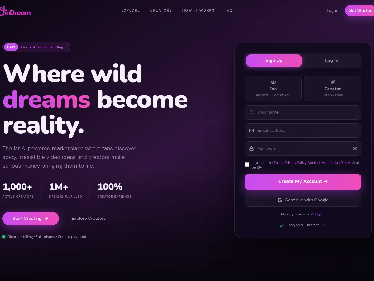 A heavily blurred, censored capture of the SinDream homepage โ only soft shapes are visible, no explicit or readable content