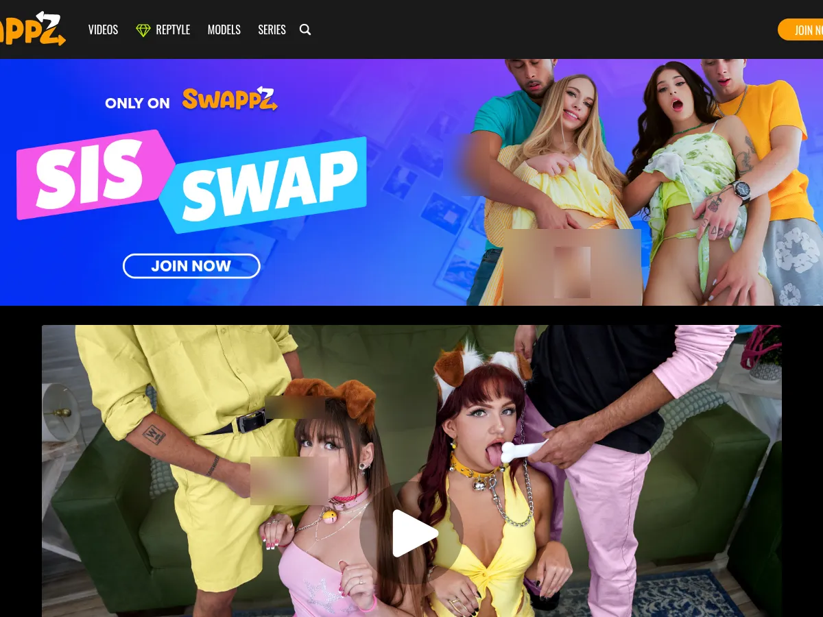 A heavily blurred, censored capture of the Sis Swap homepage — only soft shapes are visible, no explicit or readable content