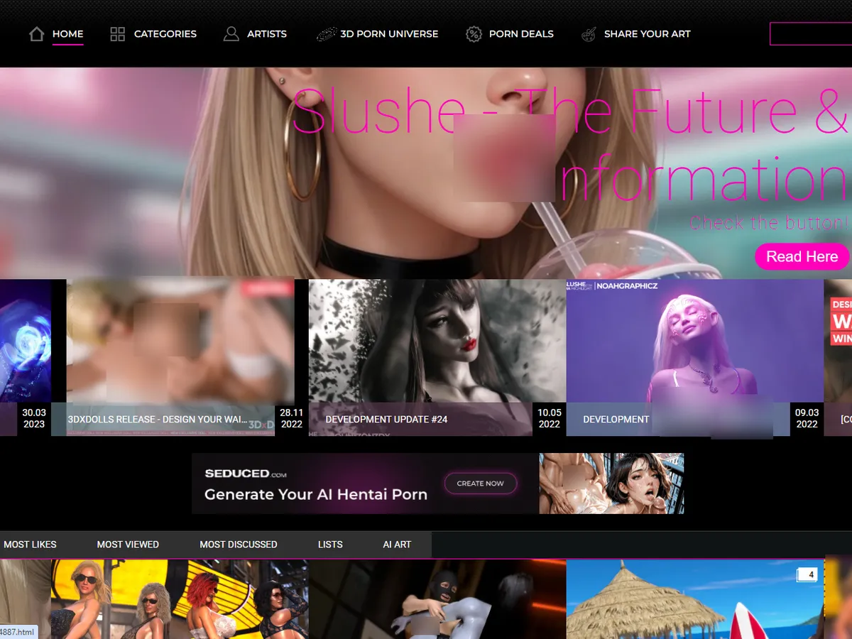 A heavily blurred, censored capture of the Slushe homepage โ only soft shapes are visible, no explicit or readable content