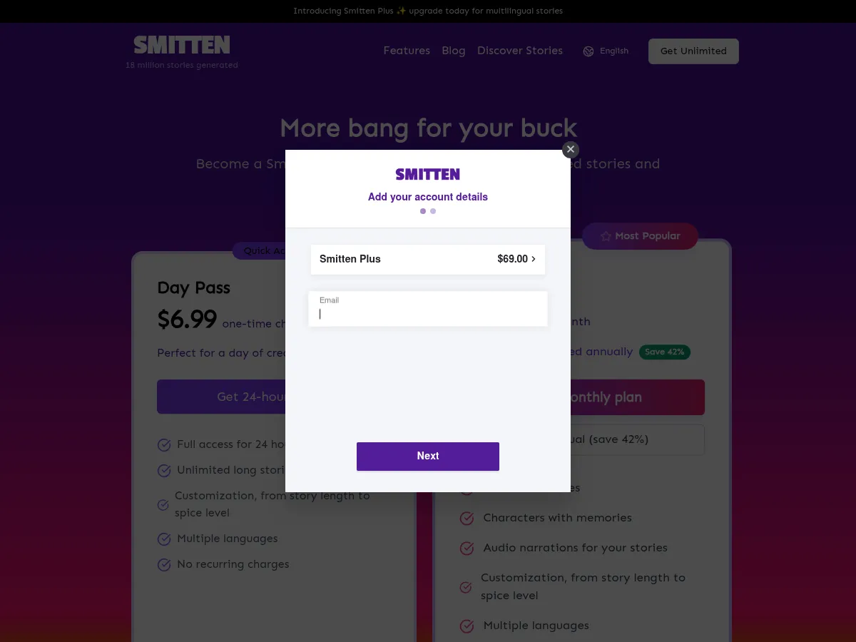 A heavily blurred, censored capture of the Smitten Stories homepage — only soft shapes are visible, no explicit or readable content