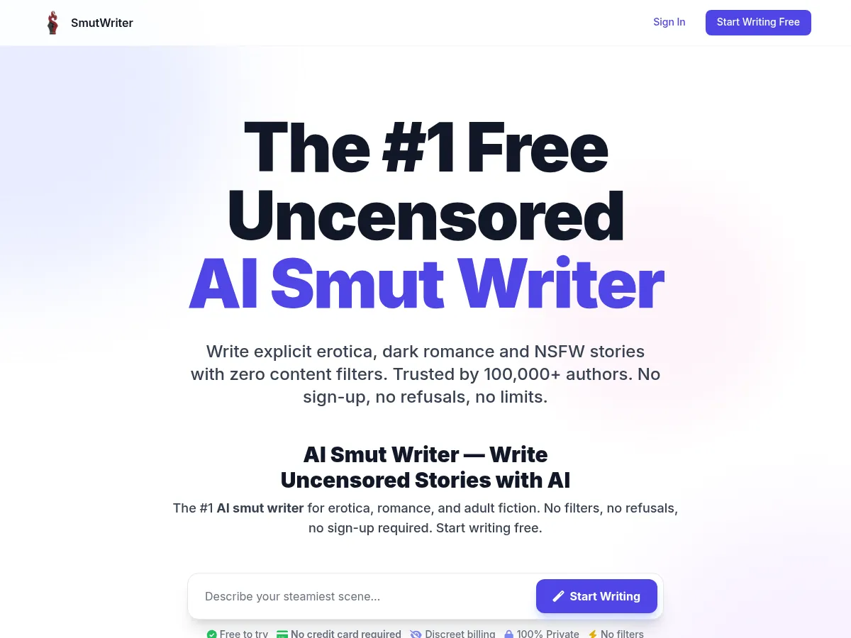 A heavily blurred, censored capture of the SmutWriter homepage — only soft shapes are visible, no explicit or readable content