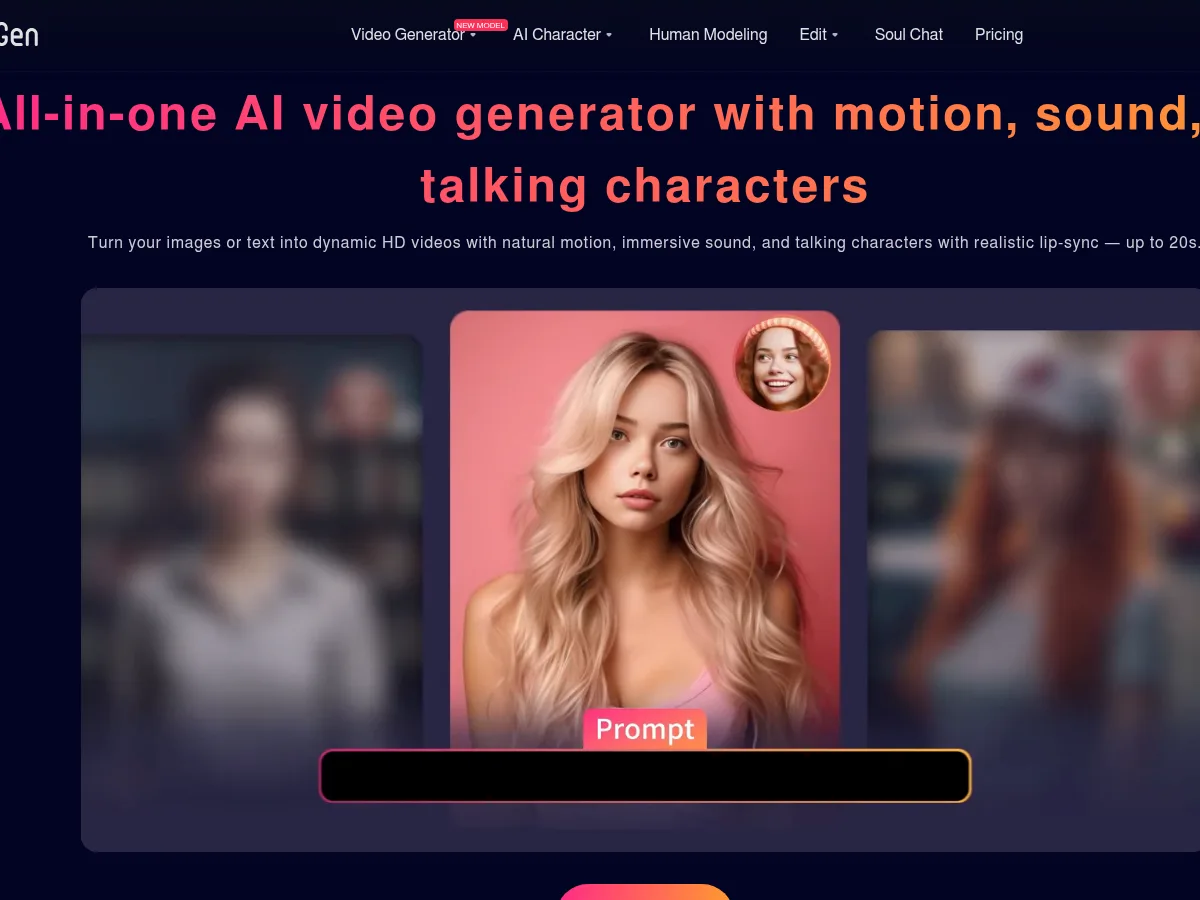 A heavily blurred, censored capture of the SoulGen homepage — only soft shapes are visible, no explicit or readable content