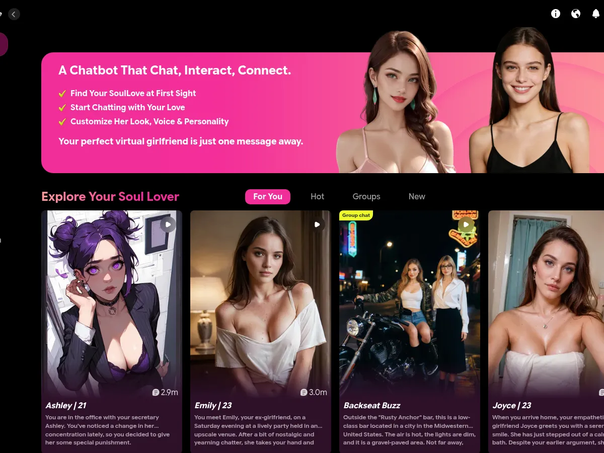 A heavily blurred, censored capture of the Soulove AI homepage — only soft shapes are visible, no explicit or readable content