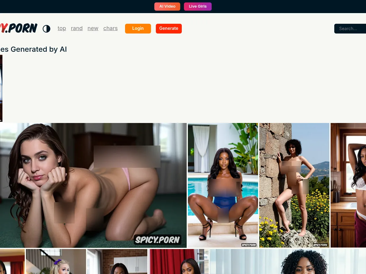 A heavily blurred, censored capture of the Spicy Porn homepage — only soft shapes are visible, no explicit or readable content