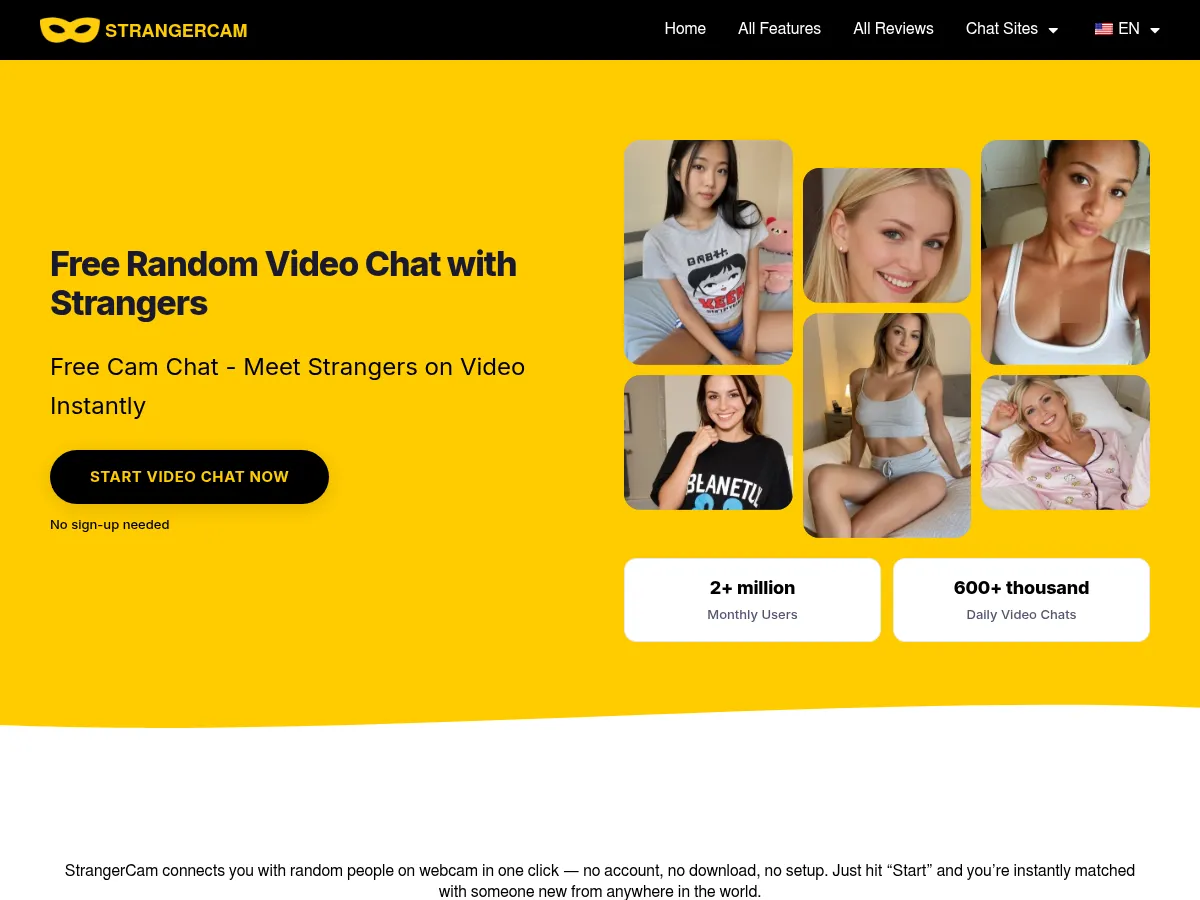A heavily blurred, censored capture of the StrangerCam homepage — only soft shapes are visible, no explicit or readable content