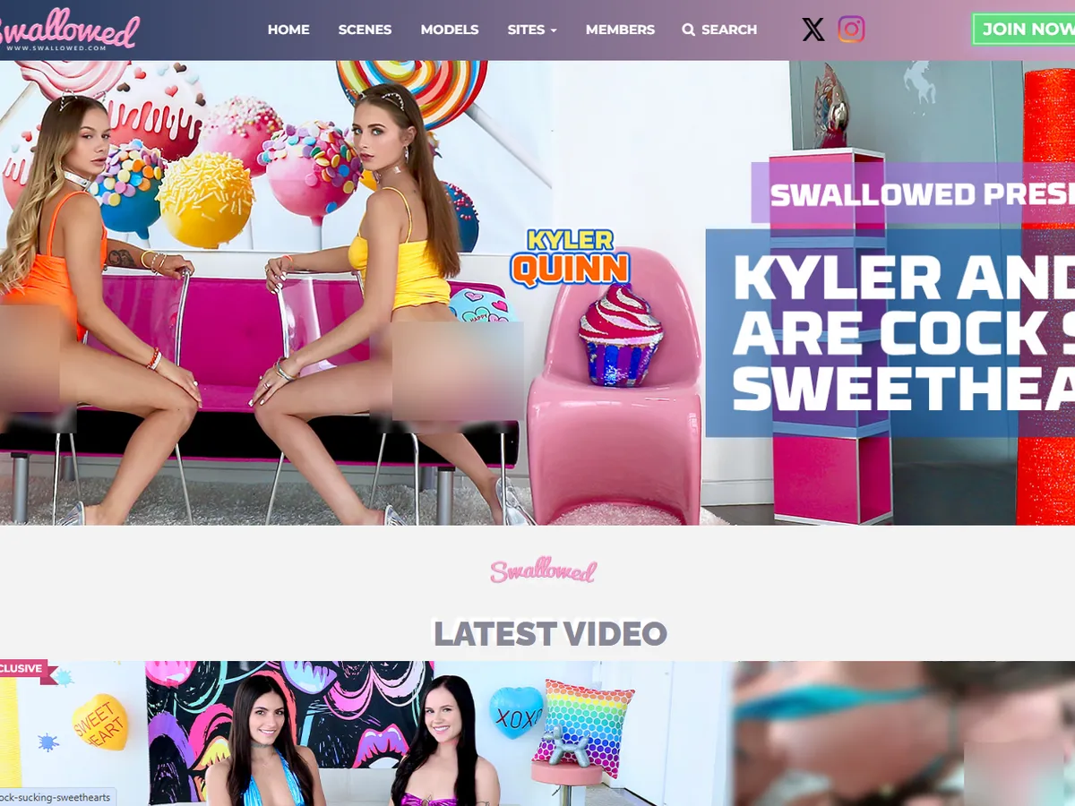 A heavily blurred, censored capture of the Swallowed homepage — only soft shapes are visible, no explicit or readable content