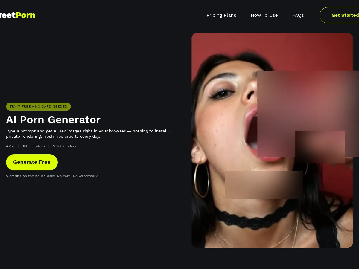 A heavily blurred, censored capture of the SweetPorn AI homepage — only soft shapes are visible, no explicit or readable content