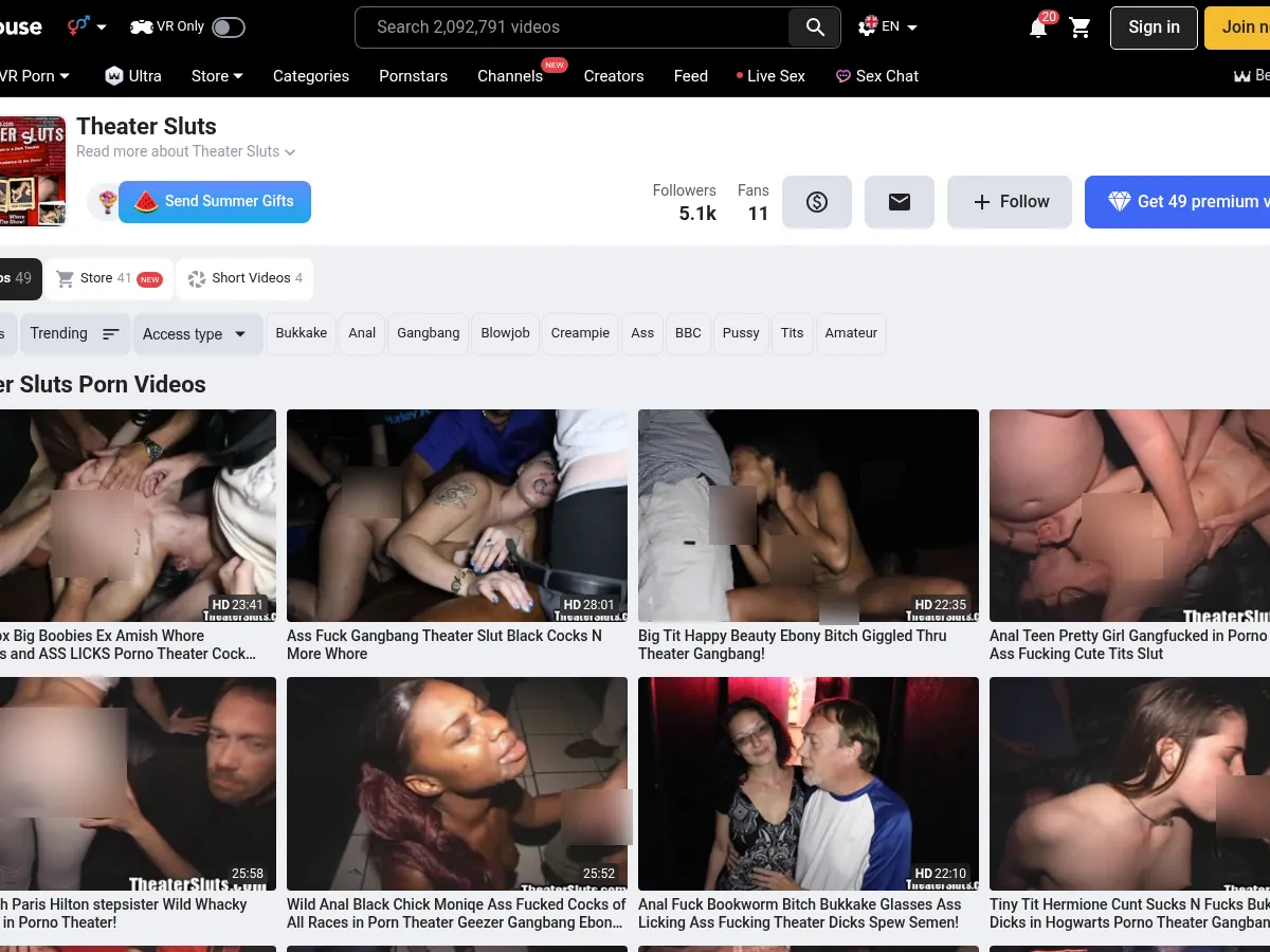 A heavily blurred, censored capture of the TheaterSluts homepage โ only soft shapes are visible, no explicit or readable content