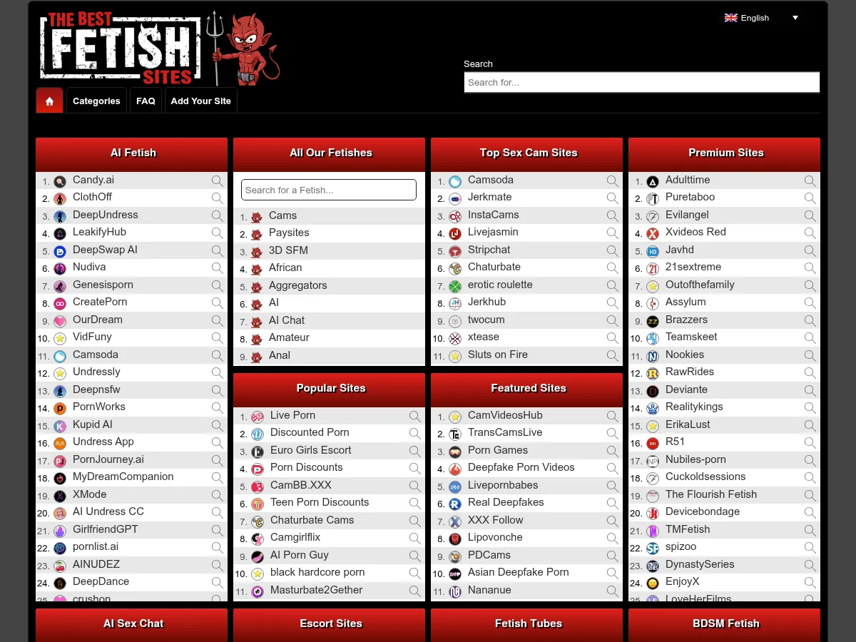 A heavily blurred, censored capture of the TheBestFetishSites homepage — only soft shapes are visible, no explicit or readable content