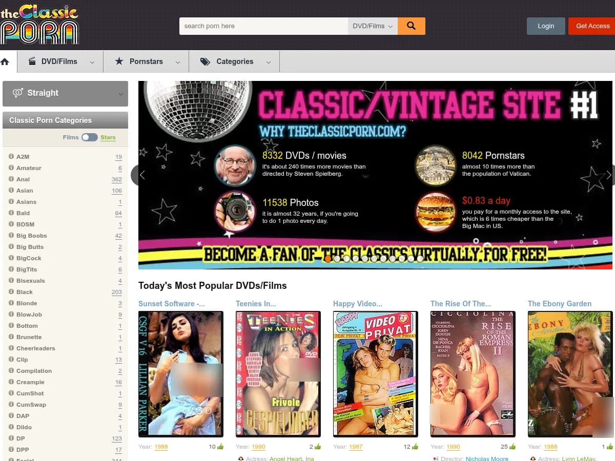 A heavily blurred, censored capture of the The Classic Porn homepage — only soft shapes are visible, no explicit or readable content