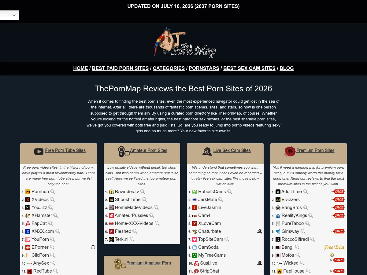 A heavily blurred, censored capture of the ThePornMap homepage — only soft shapes are visible, no explicit or readable content