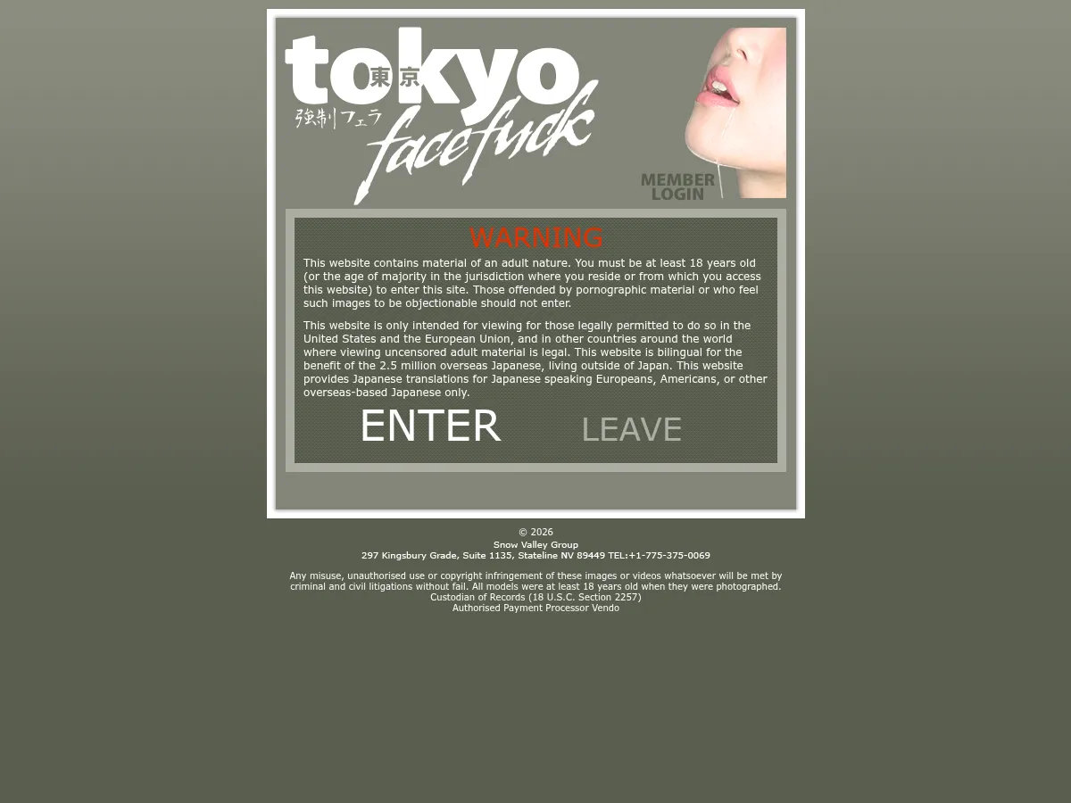 A heavily blurred, censored capture of the Tokyo Face Fuck homepage — only soft shapes are visible, no explicit or readable content