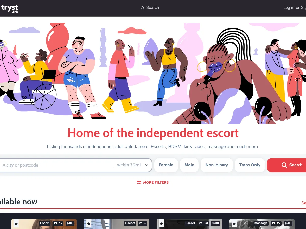 A heavily blurred, censored capture of the Tryst homepage โ only soft shapes are visible, no explicit or readable content
