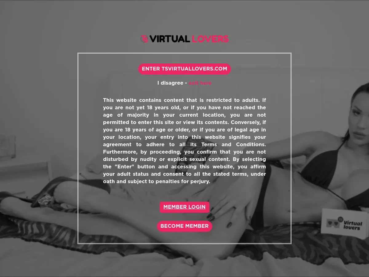 A heavily blurred, censored capture of the TS Virtual Lovers homepage — only soft shapes are visible, no explicit or readable content