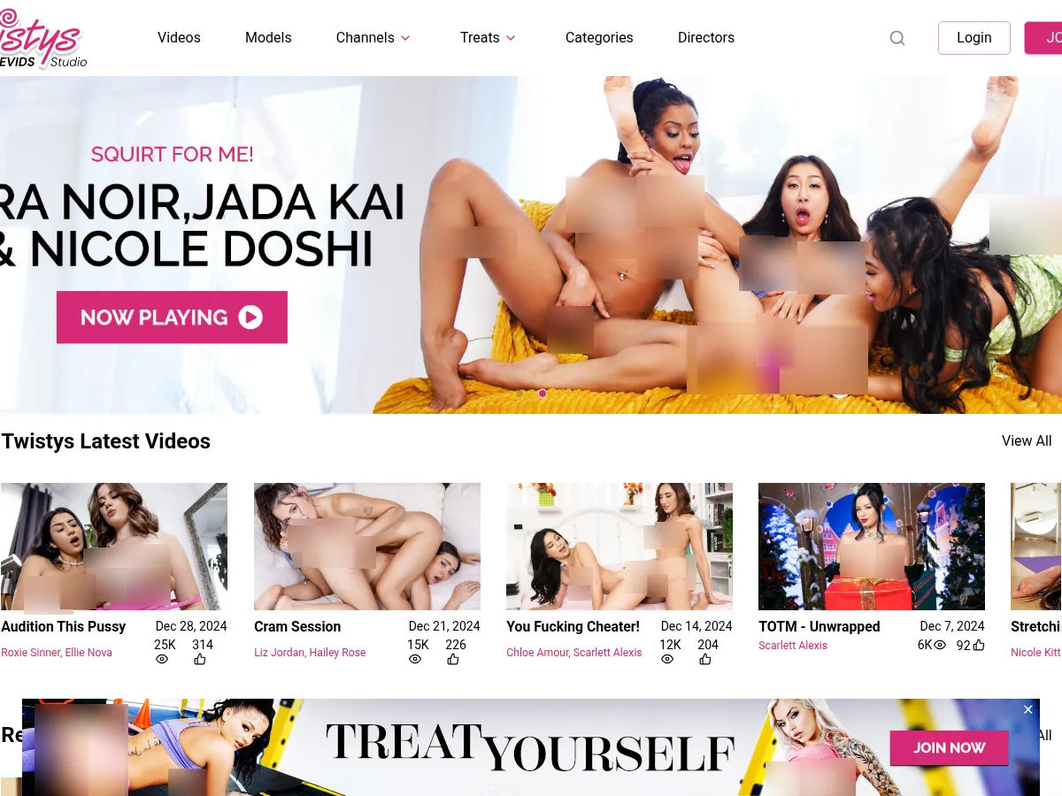 A heavily blurred, censored capture of the Twistys homepage — only soft shapes are visible, no explicit or readable content
