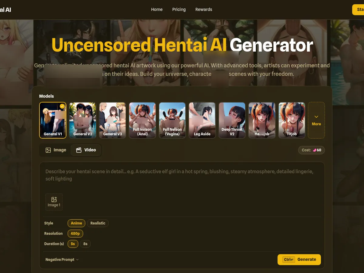 A heavily blurred, censored capture of the Uncensored Hentai AI homepage — only soft shapes are visible, no explicit or readable content