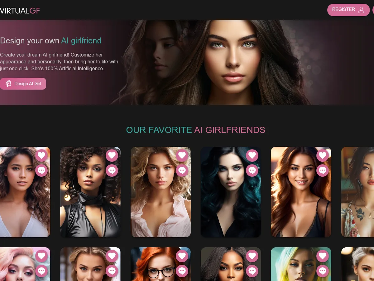 A heavily blurred, censored capture of the VirtualGF homepage — only soft shapes are visible, no explicit or readable content