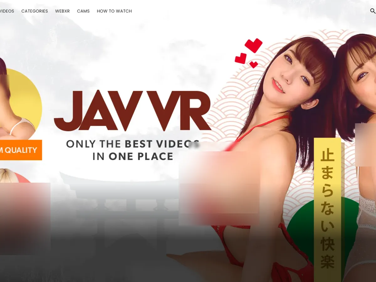 A heavily blurred, censored capture of the VirtualRealJapan homepage — only soft shapes are visible, no explicit or readable content