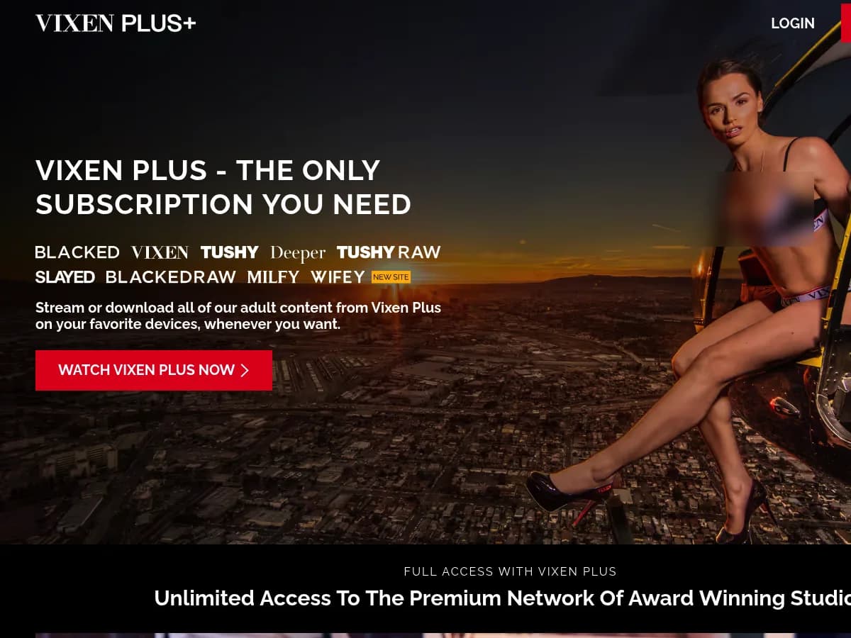 A heavily blurred, censored capture of the Vixen Plus homepage — only soft shapes are visible, no explicit or readable content