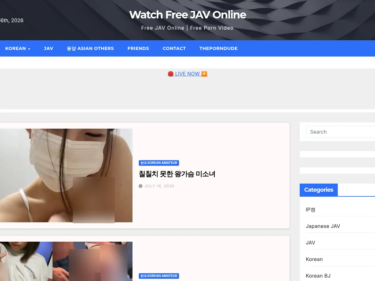 A heavily blurred, censored capture of the Watch Free JAV Online homepage — only soft shapes are visible, no explicit or readable content