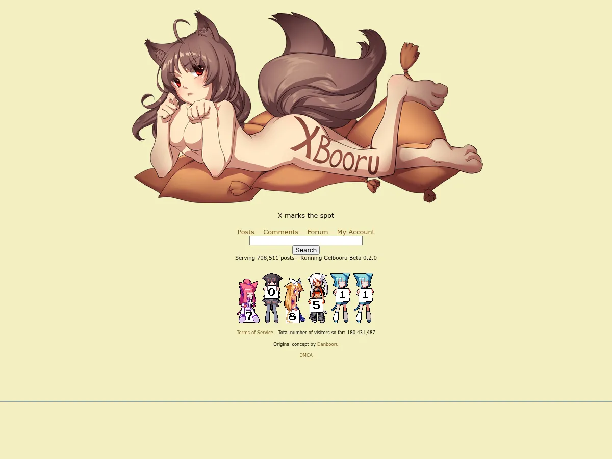 A heavily blurred, censored capture of the Xbooru homepage — only soft shapes are visible, no explicit or readable content
