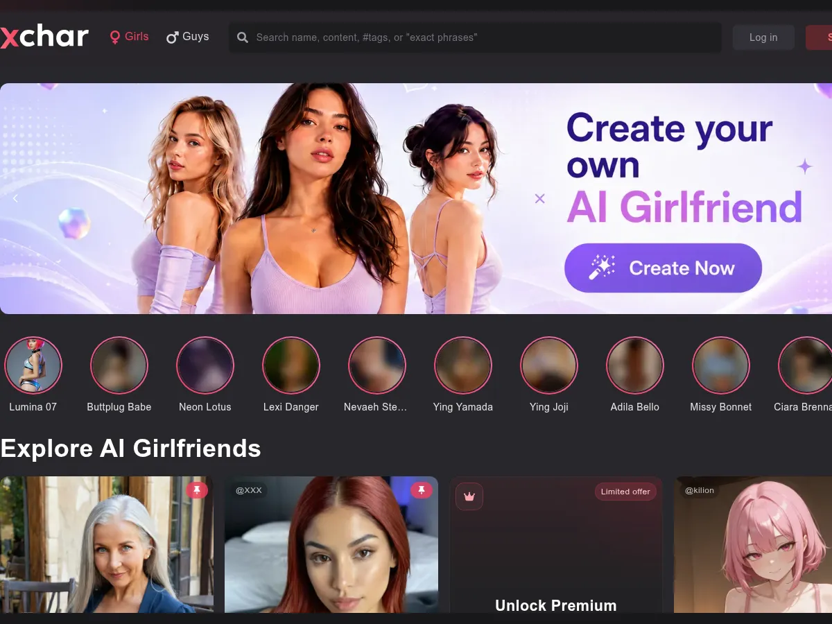 A heavily blurred, censored capture of the xchar AI homepage — only soft shapes are visible, no explicit or readable content