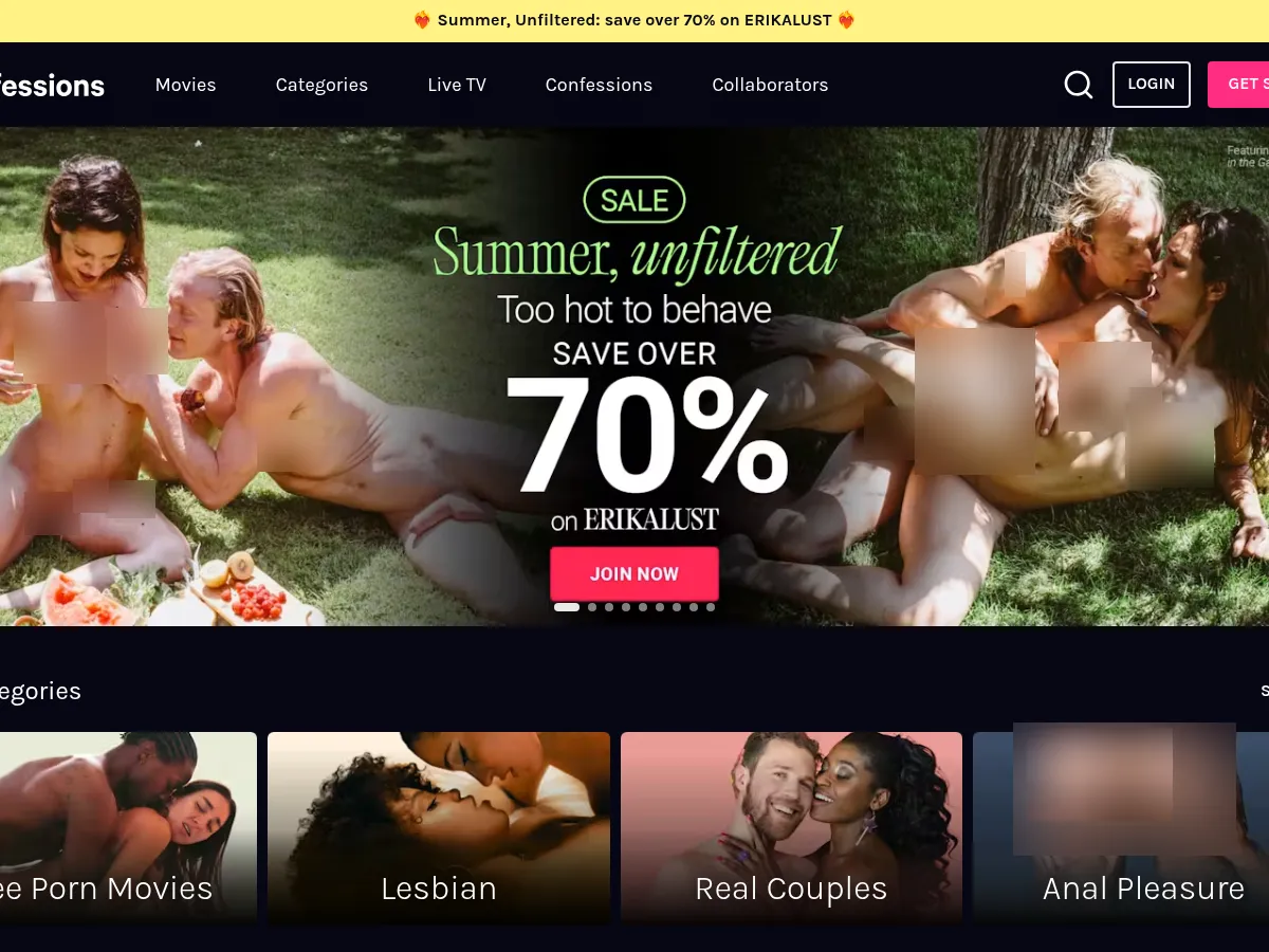 A heavily blurred, censored capture of the XConfessions homepage โ only soft shapes are visible, no explicit or readable content