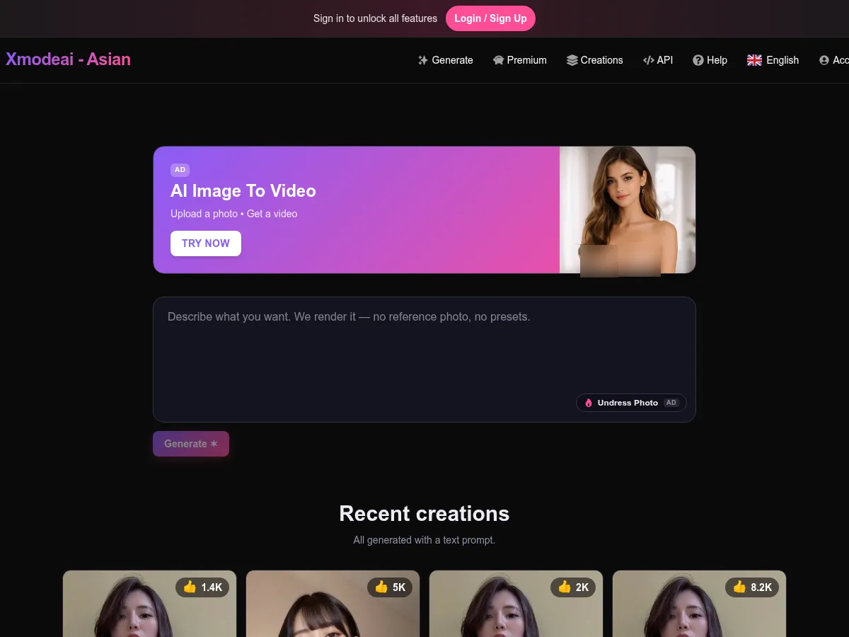 A heavily blurred, censored capture of the XModeAI Asian homepage — only soft shapes are visible, no explicit or readable content
