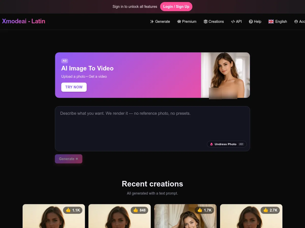 A heavily blurred, censored capture of the XModeAI Latin homepage — only soft shapes are visible, no explicit or readable content