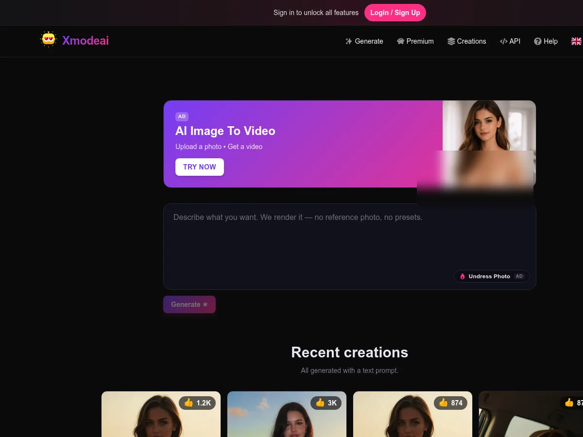 A heavily blurred, censored capture of the XModeAI homepage — only soft shapes are visible, no explicit or readable content
