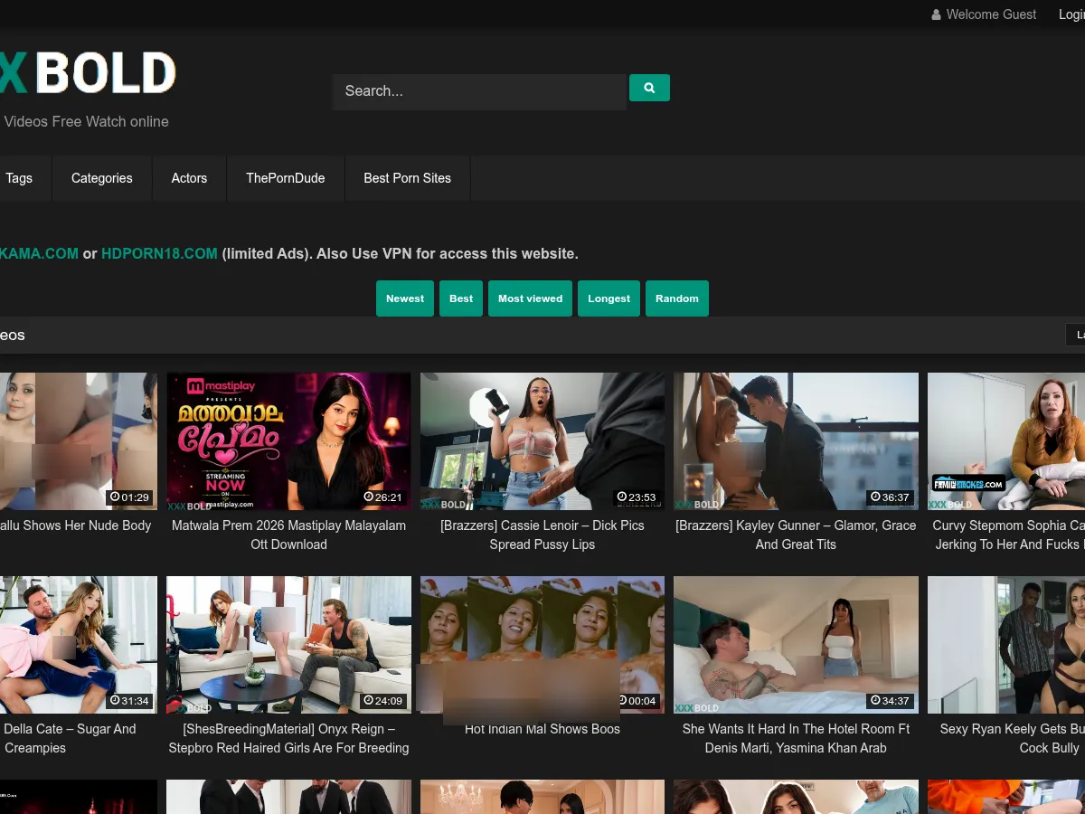 A heavily blurred, censored capture of the XXX Bold homepage — only soft shapes are visible, no explicit or readable content