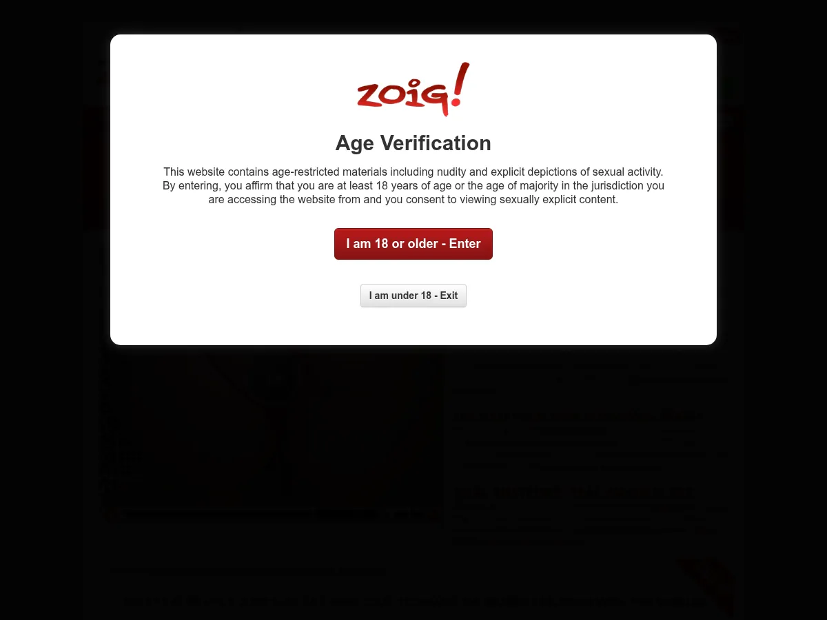 A heavily blurred, censored capture of the Zoig homepage — only soft shapes are visible, no explicit or readable content